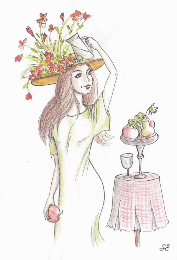 Illustration - Dessin - Femme - Chapeau - Fleurs - Arroser - Fruits - Encre de Chine - Crayons