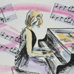 Illustration - Image - Peinture - Collage - Partition - Encre de Chine - Pianiste
