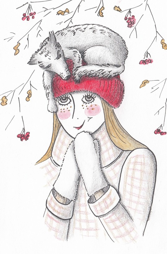 Illustration crayons - image crayons - Encre de Chine - Petite fille et Loup - Petit Chaperon Rouge