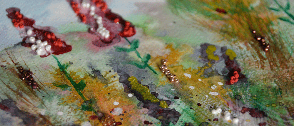 Illustration aquarelle - Image aquarelle - Peinture aquarelle - Aquarelle et encres - Collage perles - Prairie - Champêtre - Fleurs