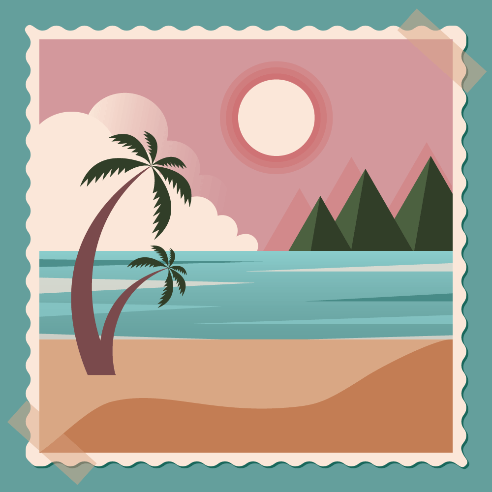 Carte postale - Vacances - Plage - Mer - Palmiers - Coucher de soleil - Illustrator - Image vectorielle