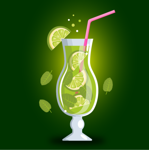 Boisson alcoolisee - Cocktail mojito - Image vectorielle - Illustration vectorielle - Verre de mojito - Verre a pied - Citron vert - Feuilles de menthe - Illustrator - Seminelle -Elena Seminskaya - Elena Janssen Seminskaya - graphiste - illustrateur - infographiste